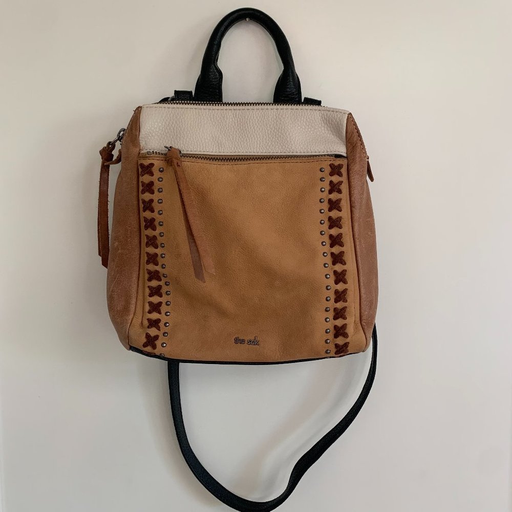 THE SAK Mini Backpack Loyola Leather Convertible Crossbody Purse Black Tan White